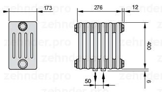 Схема (чертеж) Радиатор Zehnder Charleston 5040/6 №5410 Белый глянцевый RAL 9016